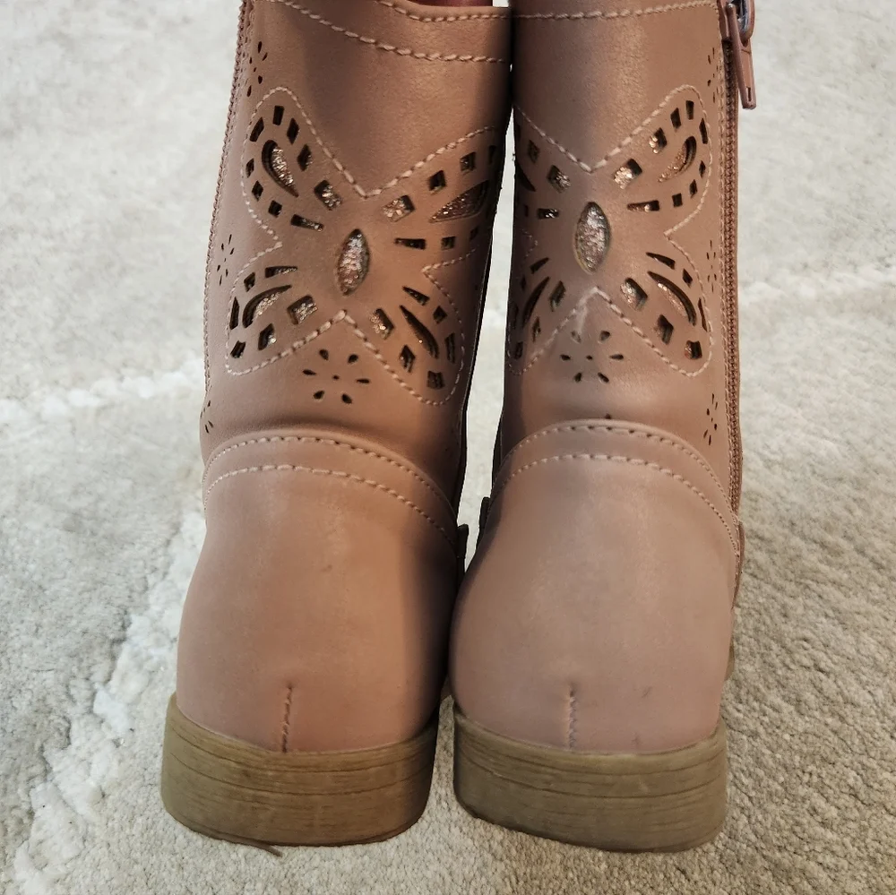 Girls Size 10 Rachel Shoes Pink Cowboy  Boots Butterfly Detail Glitter Zippers
